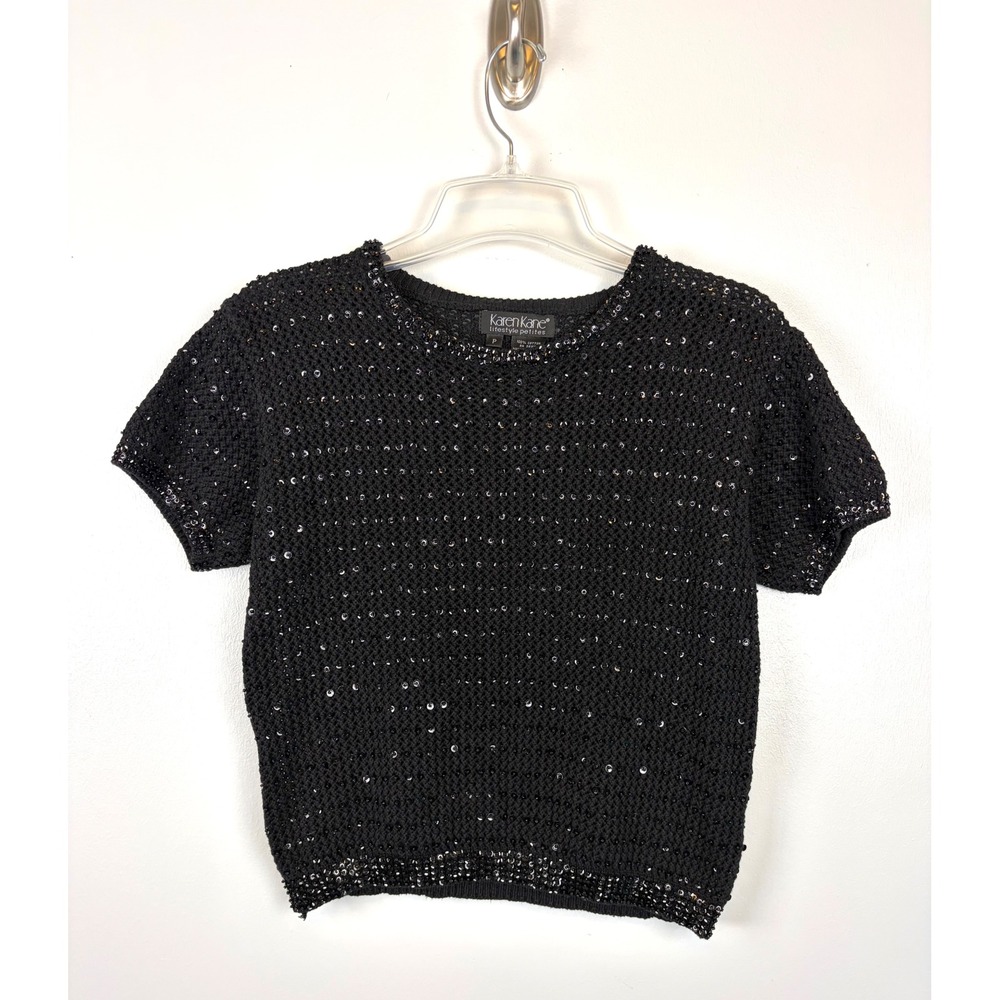 Karen Kane Petites Black Sequin Cotton Crochet Knit Top Small Granny Glam VTG